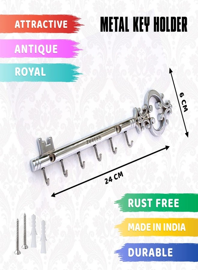 Zeetab Metal Royal Key Holder & Hanger with 6 Hooks | Rajwadi Wall Mount Key Stand | Home Decor Gift (24x6cm) (Chrome) - Image 2
